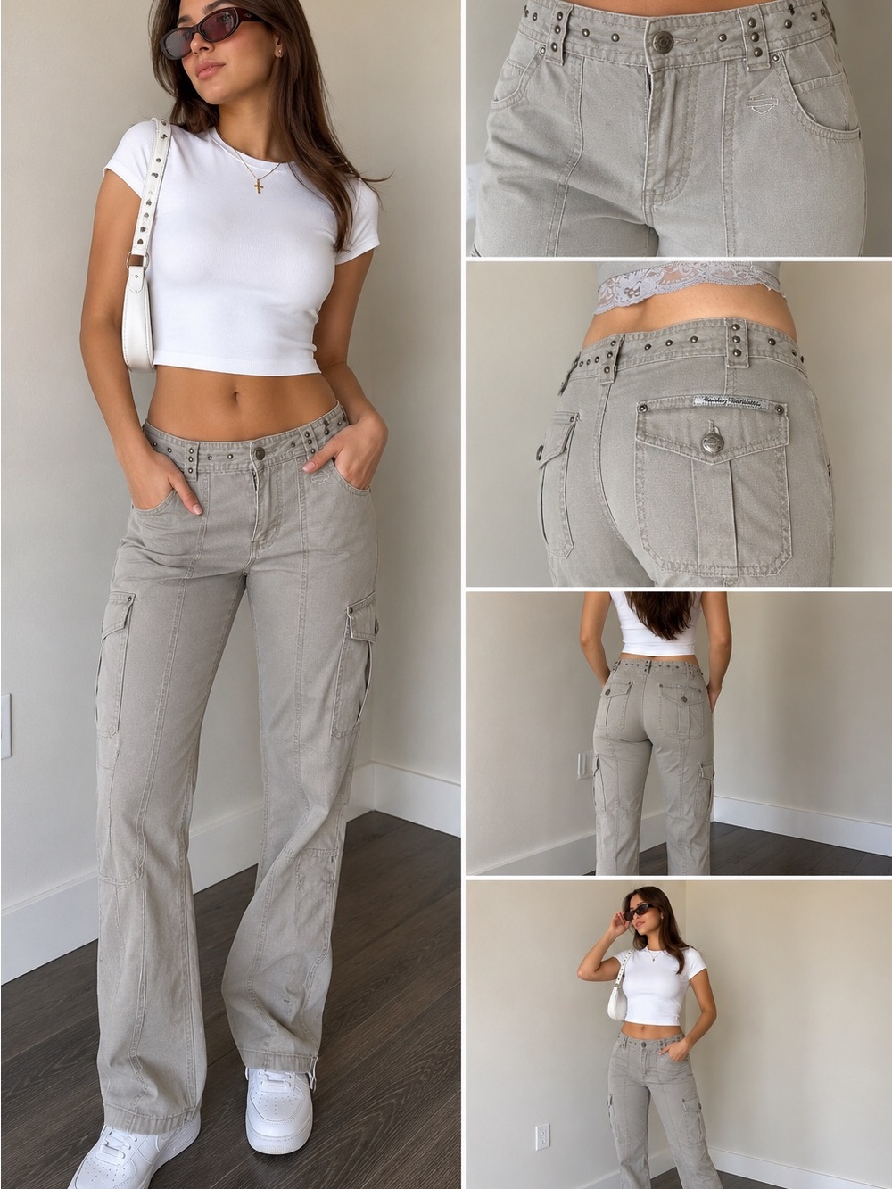 Harley-Davidson Studded Cargo Pants • Women’s Petite 2 Y2K Utility Biker Gray